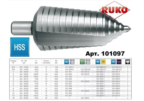 Сверло ступенчатое 6-40мм (Спиральное) HSS-G 16ступ. L105мм хв.13мм Ruko 101097