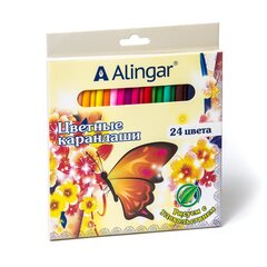 
          Карандаши цветные Alingar 24 цв., "Бабочки" деревянные, трехгранные, заточенные, грифель 3.0 мм, картон. уп., европод.