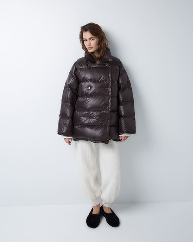 Пуховик двубортный укороченный темный шоколад