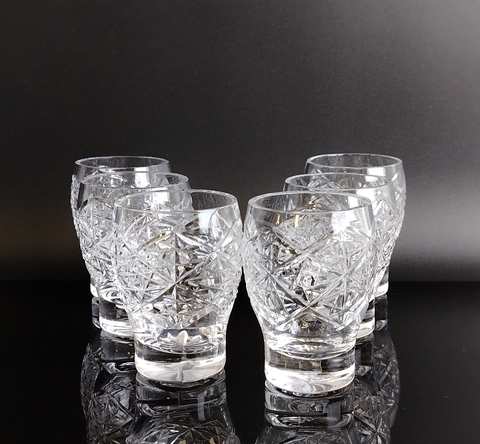 Стопки набор из 6 штук хрустальные в виде бочонков, алмазная грань, геометрический орнамент, винтаж СССР 1970-1990 гг