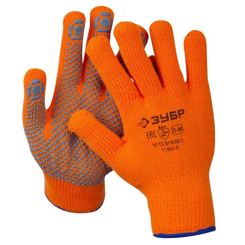 ЗУБР АНГАРА, S-M, акриловые перчатки сигнального цвета с начёсом, точечное ПВХ покрытием, утеплённые, 10 класс, Профессионал (11464-S)