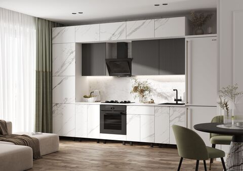 Кухня Оливия NEW 3,0/1080м Компоновка №2 (Мрамор Белый софт/Графит софт, Белый (Антарес))