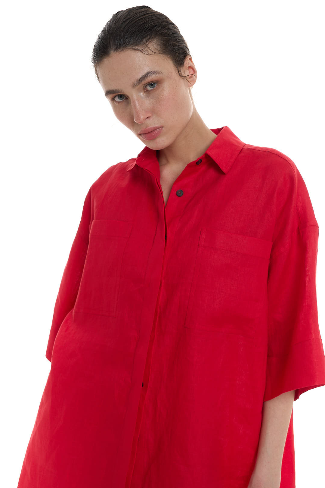 Рубашка с коротким рукавом женская изо льна, алый