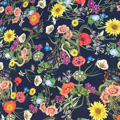 Ткань шелк матовый с эластаном черный с цветами и змеями 1080