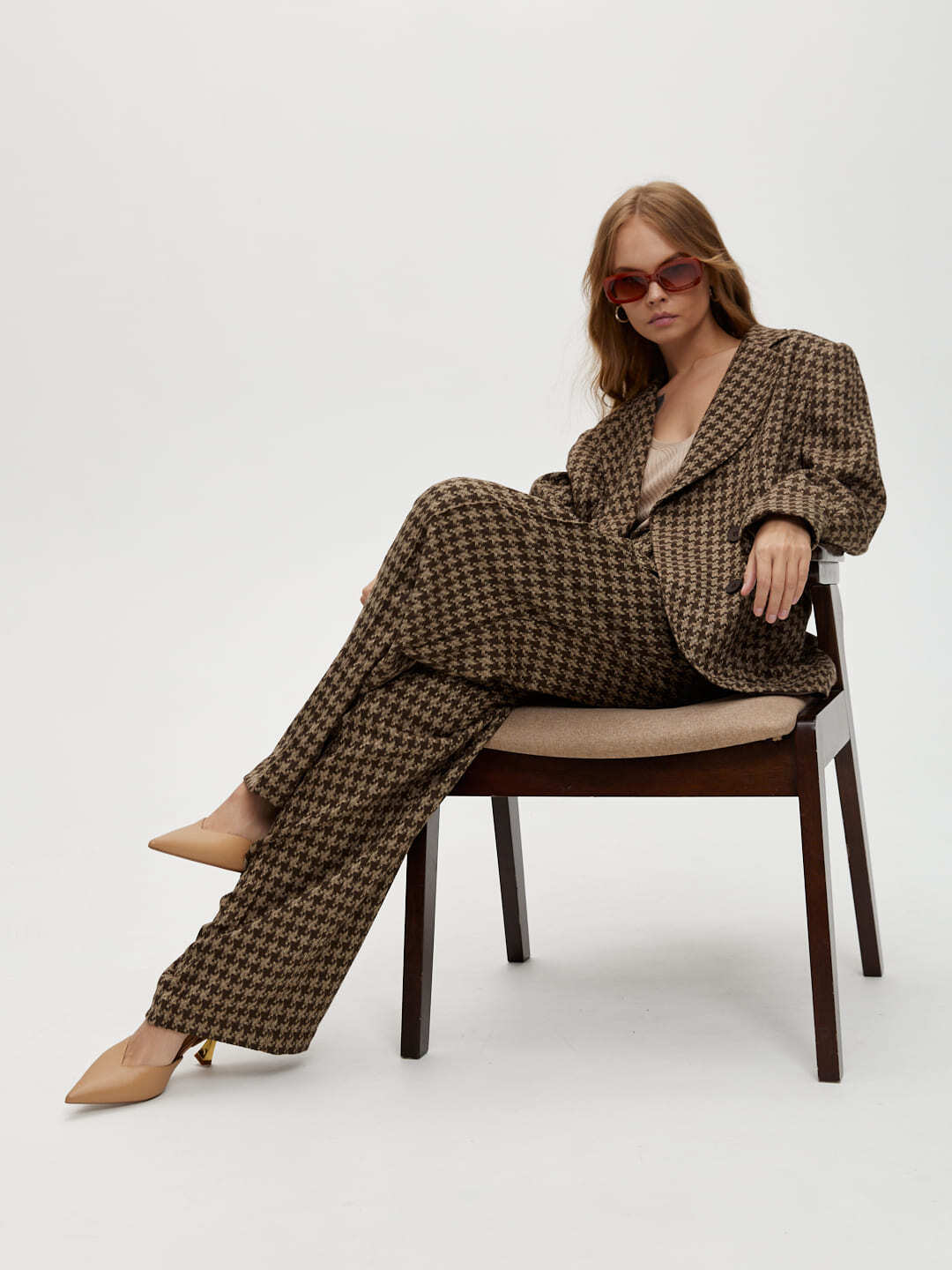 Брюки прямые широкие, гусиная лапка, коричневый