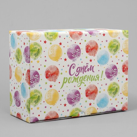 Коробка складная одиночная Прямоугольник «С днем рождения» Разноцветные шары, 26*19*10 см, 1 шт.