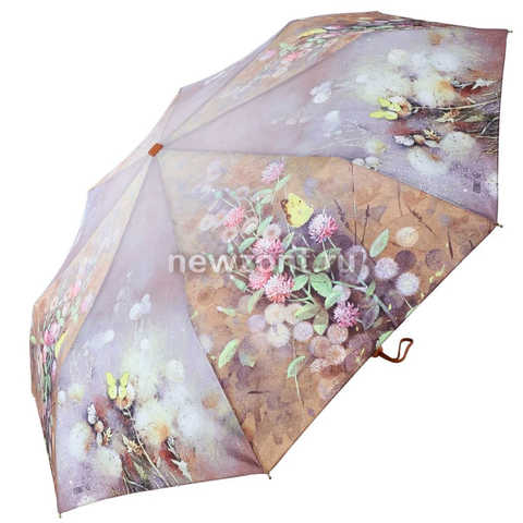Плоский коричневый зонт автомат Ламберти «Полевые цветы»