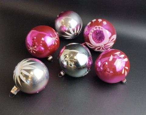 Ёлочные игрушки набор из 6 разных шариков, стекло, роспись, узоры, подвесные, винтаж СССР 1960-1990 гг