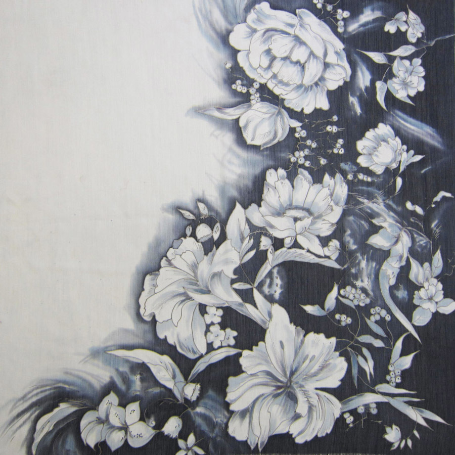Шерстяной платок батик Черно-белые цветы С-74-sh