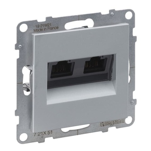 Розетка компьютерная 2 разъёма 2хRJ45 cat5e UTP. Цвет Алюминий. Legrand серия SUNO. 721351