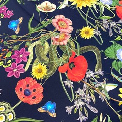 Ткань шелк матовый с эластаном черный с цветами и змеями 1080