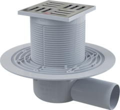 APV101 Сливной трап 105×105/50 мм боковой сток, решетка из нержавеющей стали, гидрозатвор мокрый