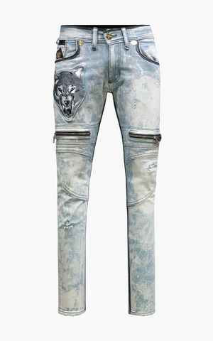 The Saints Sinphony | Джинсы мужские EMBROIDERED WOLF BIKER JEAN BLEACH BLUE TSG441 перед