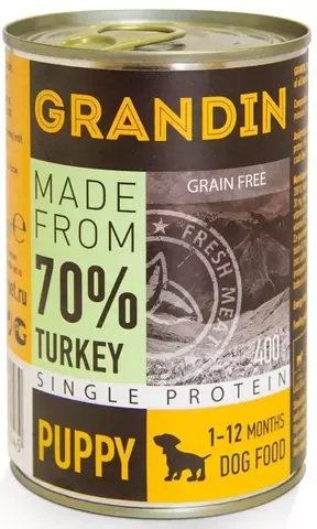 Grandin консервированный корм для щенков, с индейкой, и льняным маслом, 400 гр.
