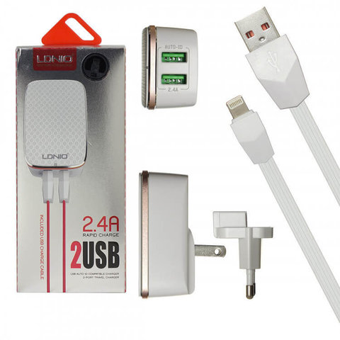 Комплект СЗУ (адаптер на 2 USB + кабель USB на Lightning) LDNIO A2204 (Белый) Сетевое зарядное устройство
