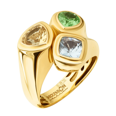 Кольцо с Цаворитом, Аквамарином и Бриллиантом, R0258-1/2