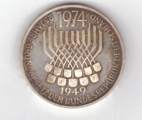 5 марок. 25 лет со дня принятия конституции ФРГ. (F). Серебро. 1974 год. exPROOF