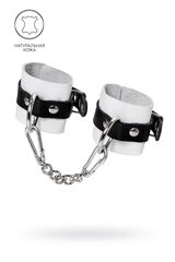 Бело-черные кожаные наручники с одним ремешком с люверсами