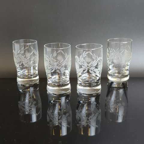 Хрустальные стопки набор из 4 штук, алмазная грань, геометрический орнамент, матовый хрусталь, винтаж СССР 1970-1990 гг