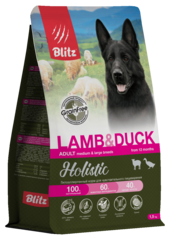 Сухой корм для собак Blitz Holistic Lamb & Duck Adult Dog Medium & Large breeds беззерновой с ягненком и уткой для средних и крупных пород гипоаллергенный для чувствительного пищеварения, 12кг