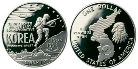 1 доллар Война в Корее Корейская война 38 лет 1991 г. США Proof