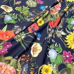 Ткань шелк матовый с эластаном черный с цветами и змеями 1080