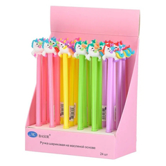 Ручка шариковая, Basir, синие чернила, серия "Единорог", с резиновой фигуркой, 24 шт