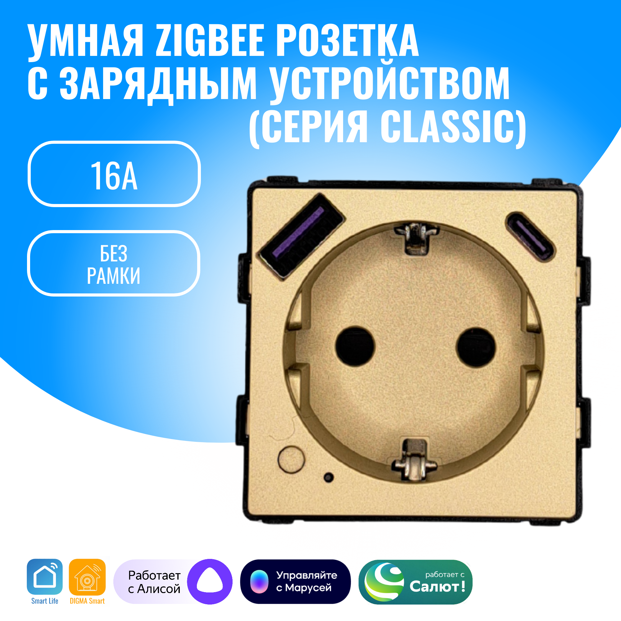 Умная ZigBee розетка встраиваемая с USB и Type-C Smart Aura модуль без рамки (золотой)