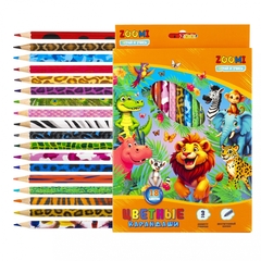 Карандаши цветные Zoomi 18 цв., "ZOO. Джунгли" деревянные, шестигранные, заточенные, дизайн на корпусе, грифель 3.0 мм, картон. уп., европодвес