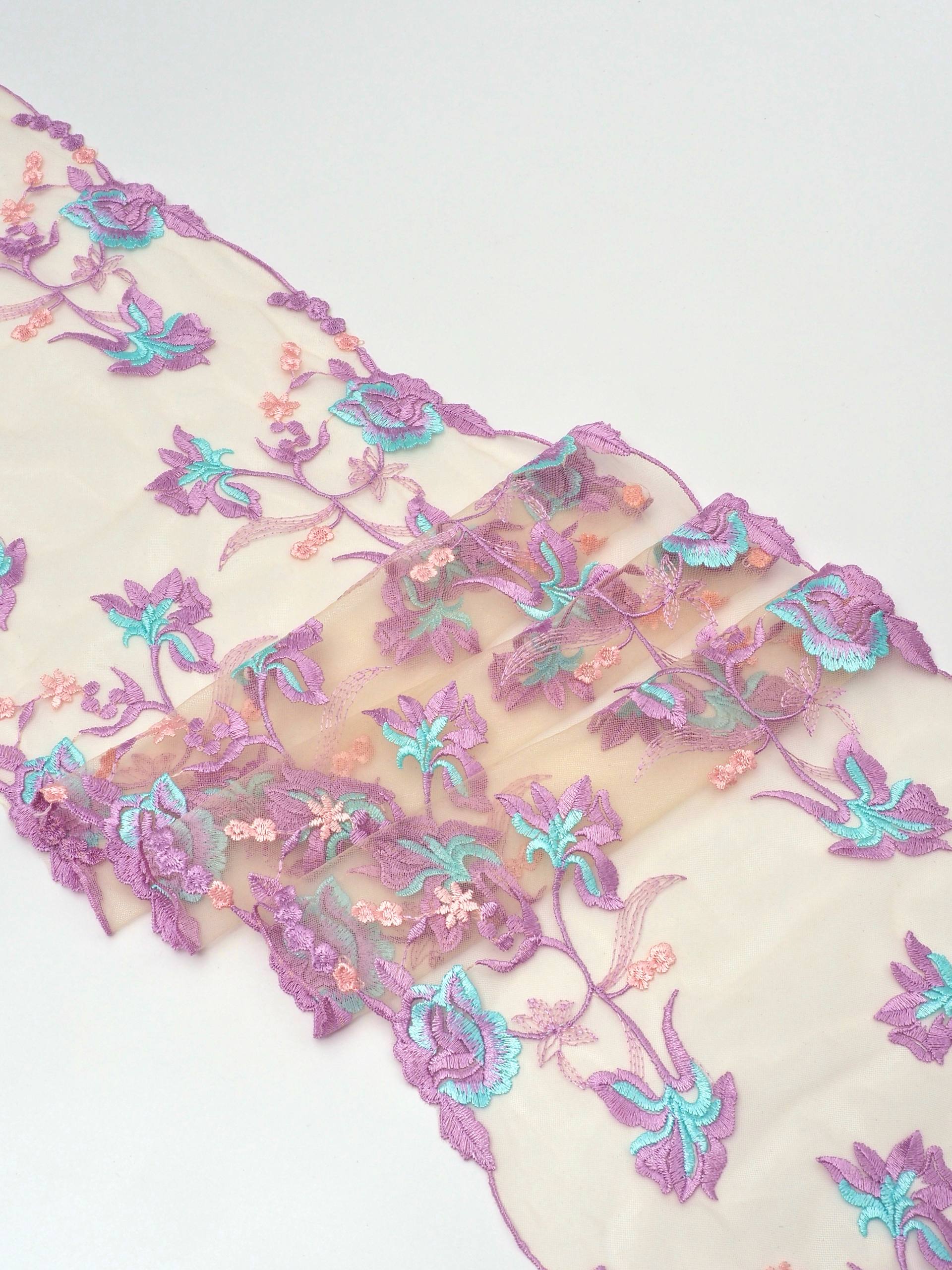 Кружево вышивка на сетке светло-бежевая с тиффани и сиреневым неэластичная ширина 23 см