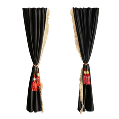 Шторы спального места с прихватами "Кисти" красные в кабину Volvo, Scania, MAN, DAF, Merc, Камаз, Sitrak, Shacman, Foton, FAW. Высота 1,5м, ширина одной стороны - 1,15м. Блэкаут, велюр. Черный цвет с бежевой бахромой и красными кистями