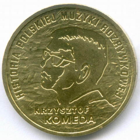 2 злотых 2010 год. Польша. История польской музыки - Кшиштоф Комеда. Латунь, диаметр 27 мм. AUNC