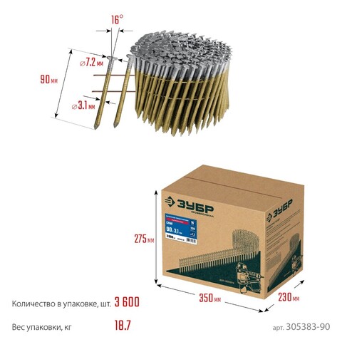ЗУБР CNW 90 х 3.1 мм, барабанные гвозди рифленые оцинкованные, 3600 шт (305383-90)
