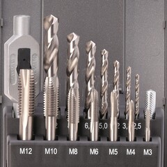 Набор метчиков однопроходных M3 -M12 HSS-G DIN352 (+ вороток, сверла) 15пр Ruko 245004RO(АКЦИЯ)