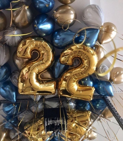 воздушные шары на день рождения мужчине 22 года, шары цифры 22, латексные шары хром