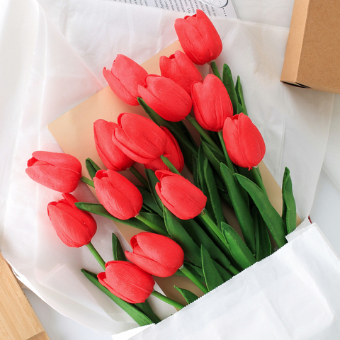 Тюльпаны искусственные для декора, реалистичные как живые, ,Красные, латексные (силиконовые), 34 см, букет из 9 штук.