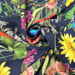 Ткань шелк матовый с эластаном черный с цветами и змеями 1080