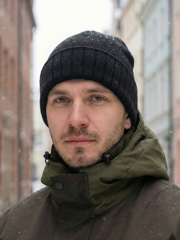 Шапка с флисовой подкладкой полушерстяная двойной вязки (чёрная) (А)