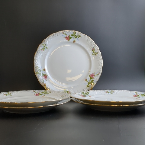 Тарелки под горячие/вторые блюда набор 5 штук, фарфор, рисунок розы, золочение, Польша Chodziez, винтаж времен СССР 1964-1990 гг