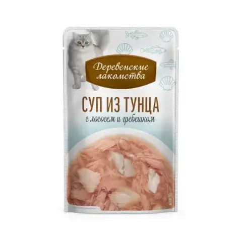 Деревенские лакомства консервы для кошек «Суп из тунца с лососем и гребешком», пауч 35г *4шт