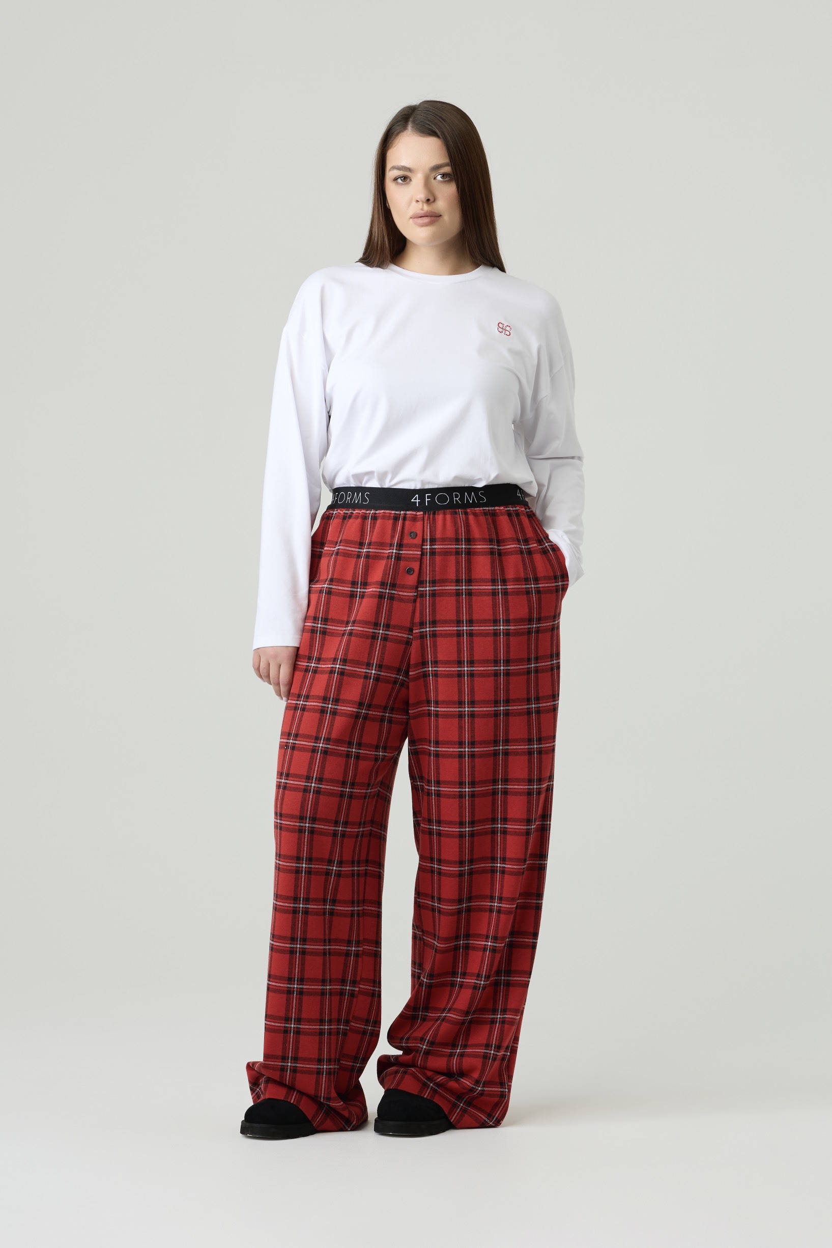 Брюки в клетку удлиненные, красный