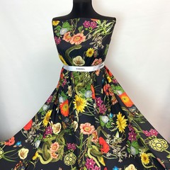 Ткань шелк матовый с эластаном черный с цветами и змеями 1080