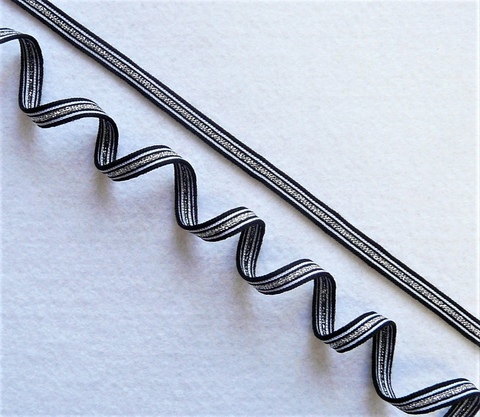 Лампасная лента (трикотажный, люрекс, 1,0 см).Черный/белый/серебро