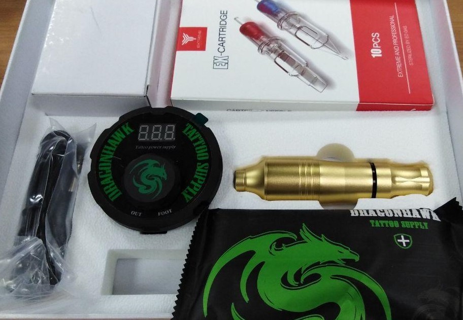 Тату-набор Mast Kit: роторная машинка для тату и перманента Dragonhawk Pen Wq090+Блок Питания Dragonhawk Airfoil Tattoo Power Supply P087+картриджи