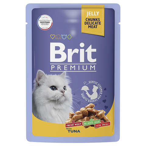 Влажный корм Brit Premium с тунцом кусочки в желе, для взрослых кошек, 85 г.