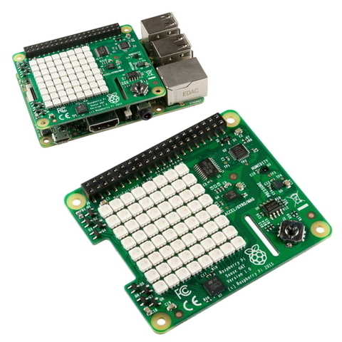 Raspberry Pi Sense Hat Retail, Плата ввода-вывода 8x8 RGB LED matrix, 5-button joystick, Sensors: Gyroscope, Accelerometer, Magnetometer, Temperature, Barometric pressure, Humidity (RASP1333)(894-9310)