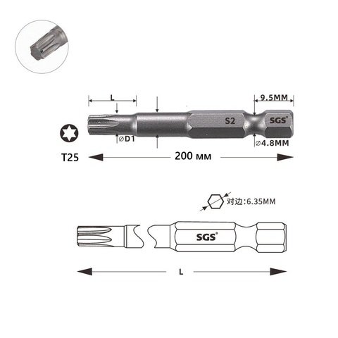 Бита T25 х200мм TORX S2 1шт SGS 63200-T25