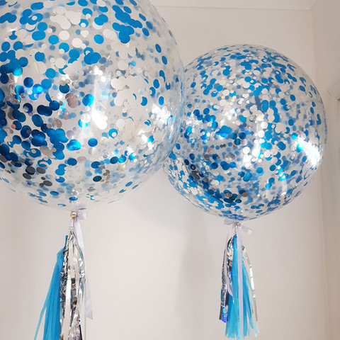Шар Гигант с сине-серебряным конфетти + тассел