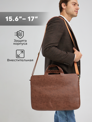 Сумка для ноутбука 15,6" и 17" с ремнем на плечо и 3 отделениями (Коричневая экокожа)