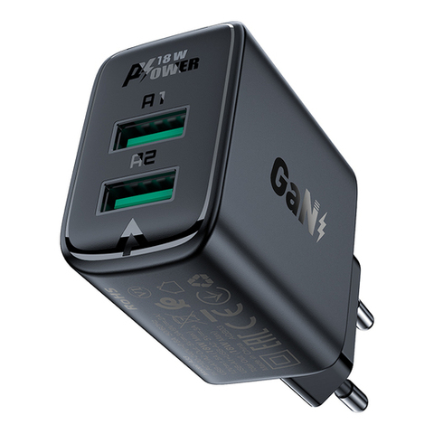 Зарядное устройство ACEFAST A33 QC 18W USB-A+USB-A 2x port charger EU, черный